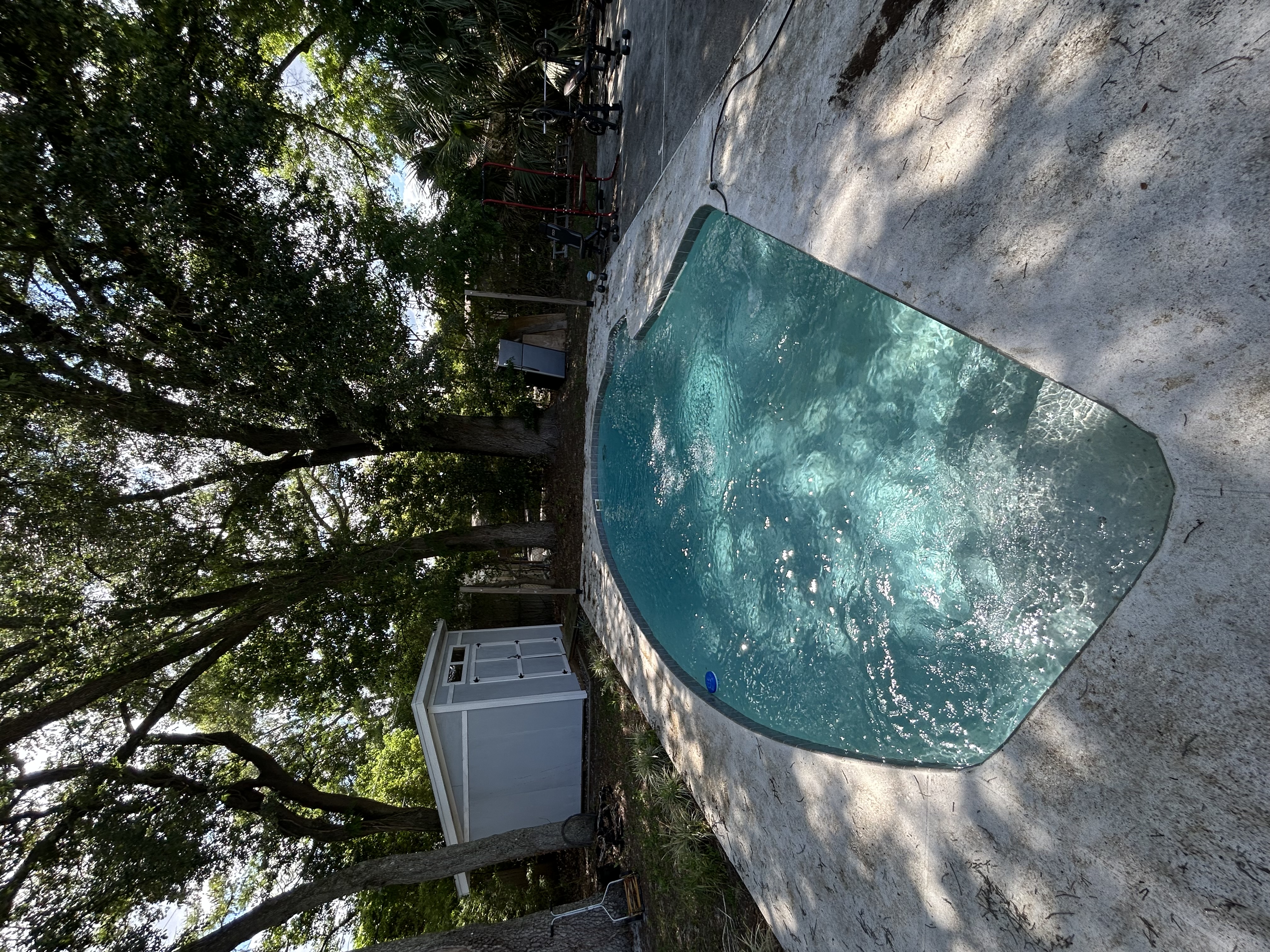 Clear blue pool in a shaded Central Florida backyard after weekly pool service